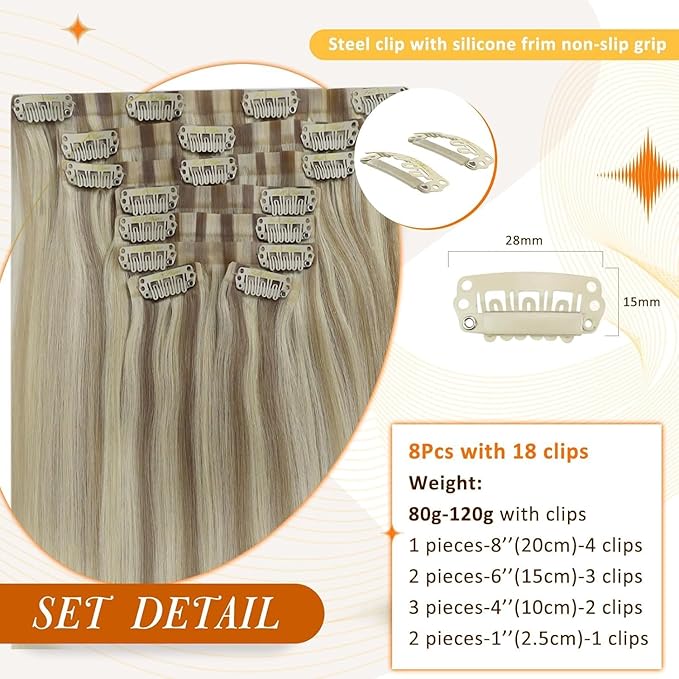 Full Shine Balayage Seamless Clip in Hair Extensions Ash Blonde Balayage Light Blonde Mix Platinum Blonde Hair Extensions for Thin Hair Washability 12 Inch 8 PCS 95 G