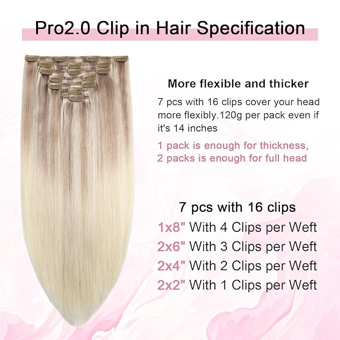 Pro2.0 Remy Clip in Extensions Real Human Hair #18/22/60 Balayage Ash Blonde to Golden Blonde and Platinum Blonde Clip in Hair Extensions Real Human Hair 18inch 120g 7pcs（#18/22/60-18inch）