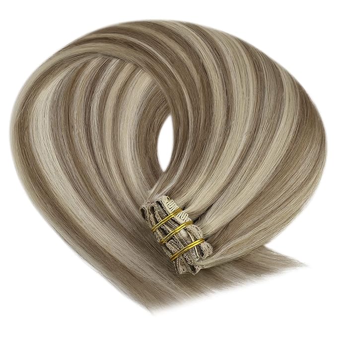 YoungSee Clip in Hair Extensions Highlight Human Hair Clip in Extensions Light Brown with Highlight Blonde Straight Hair Extensions Real Human Hair Clip ins for Short Hair 12Inch 7Pcs 85G