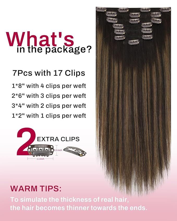 Moresoo Clip in Hair Extensions Real Human Hair Brown Balayage Clip in Extensions Human Hair Dark Brown to Chestnut Brown Full Head 7pcs 120g 20Inch