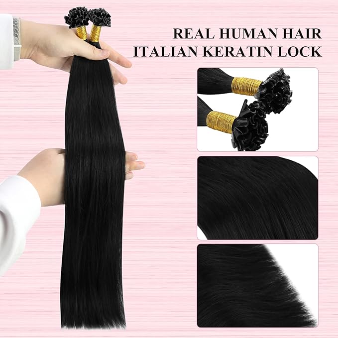 YoungSee U Tip Hair Extensions Black 20 Inch Utip Hair Extensions Human Hair Ktip Hair Extension Real Human Hair Pre Bonded Hair Extension Fusion U Tip Straight Hair 50grams 50s for Everyday Wear