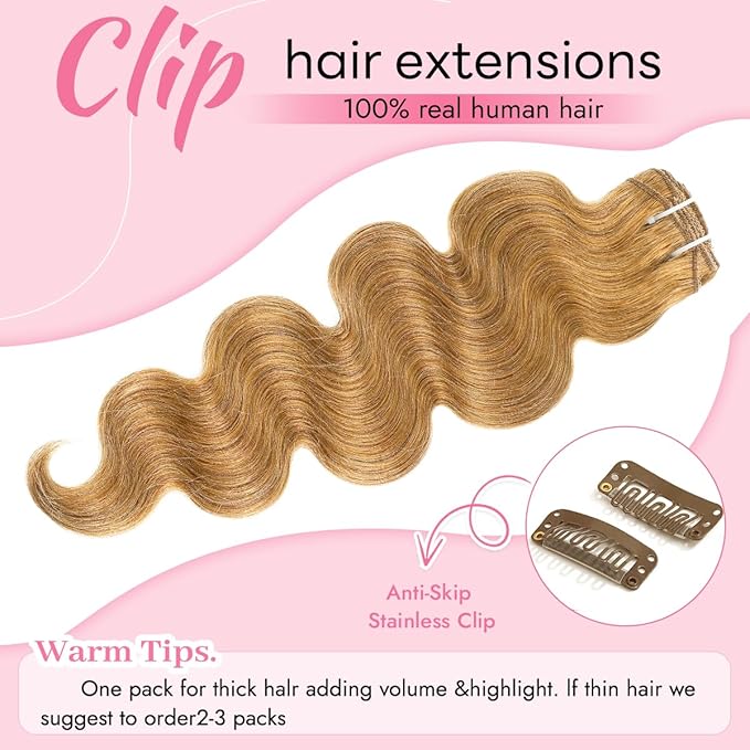 Clip in Hair Extensions Real Human Hair Body Wave 27 Honey Blonde Clip in 100% Brazilian Remy Human Hair Extensions 8pcs Per Set with 18 Clips Double Weft 24 Inch 120g/3.6oz