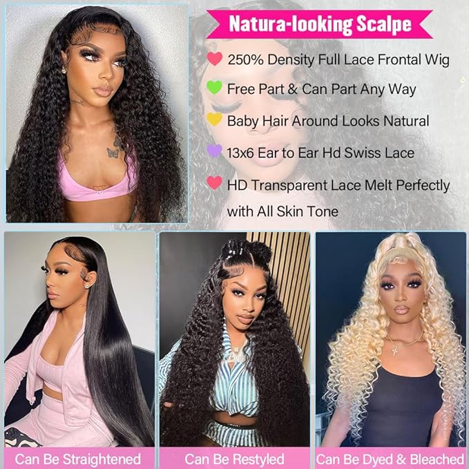18 Inch 13x6 Lace Front Wigs Virgin Curly Human Hair Wigs 250% Density Deep Wave Lace Front Wigs Human Hair 13x6 Full Lace Frontal Wigs Pre Plucked for Women Natural Color