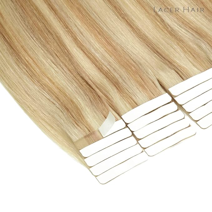 Lacer Invisible Tape in Hair Extensions Human Hair Silky Straight Golden Blonde to Platinum Blonde Hair Extensions Tape in 12 Inch 60G Seamless Tape Hair Extensions