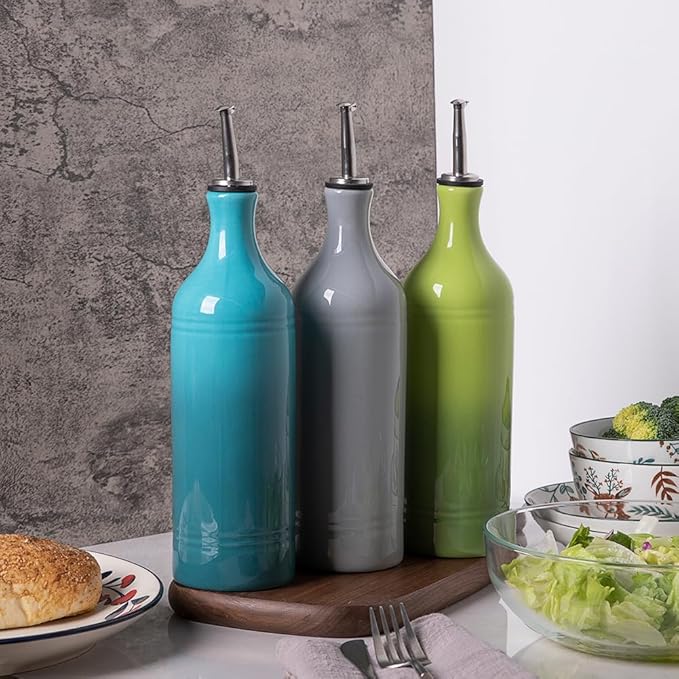 Sweejar Large Ceramic Olive Oil Dispenser Bottle, Opaque Oil Cruet Protects Oil to Reduce Oxidation, Storage Oil, Vinegar, Soy Sauce & Other Liquids, Pack of 1, 24 Fl Oz (Gradient Green)