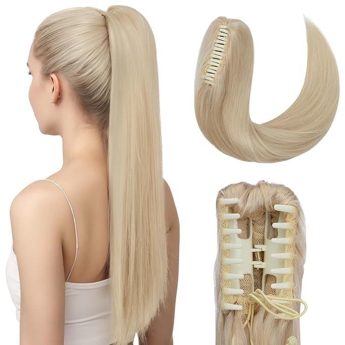 Hairro Clip On Ponytail Hair Extensions Jaw On Claw Clip Ponytails Real Hair Long Jaw/Claw Pony Tail With Clips Hairpieces For Women 16 Inch 105g #60 Platinum Blonde