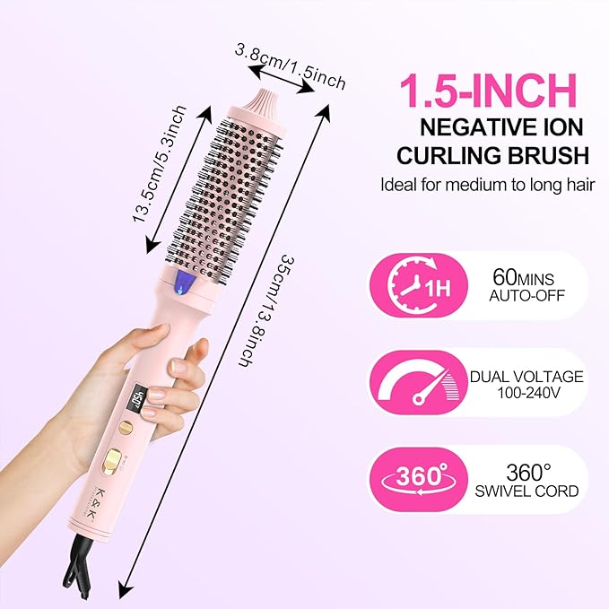 K&K 1.7 Inch Cool-AIR TECH Hair Styling Tool Bounce Brush, Heated Thermal Round Brush with Negative Ion Technology, Multiple Heat Settings for Blowout Look with Hair Care (Pink, 1.5 Inch)