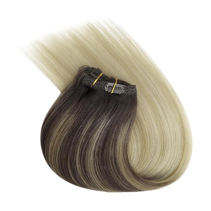 Ve Sunny Clip in Hair Extensions, Human Hair Clip in Extensions, Clip on Hair Extensions for Women, Dark Brown Ombre Golden Blonde Mix Platinum Blonde Straight Hair Extensions 7pcs 24inch 120g