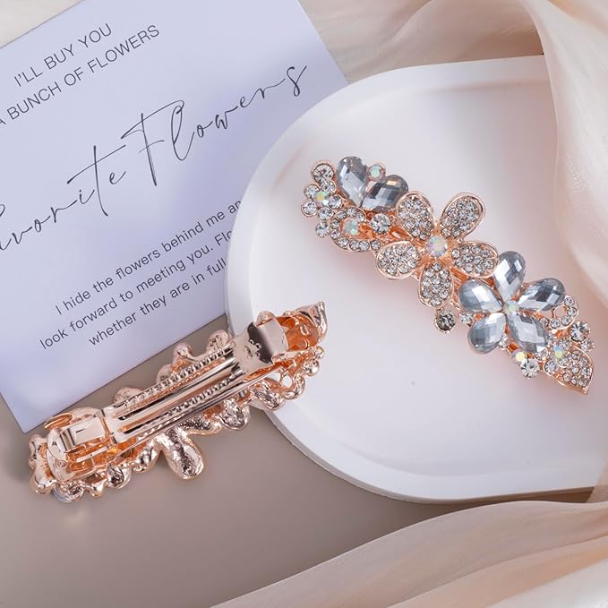 Joez Wonderful Rhinestone Hair Clip Sparkly Crystal Barrettes French Wedding Prom Engagement Pageant First Communion Hair Decorative Accessories for Women Bride Thick Long Hair (Flower White, 1 Pcs)