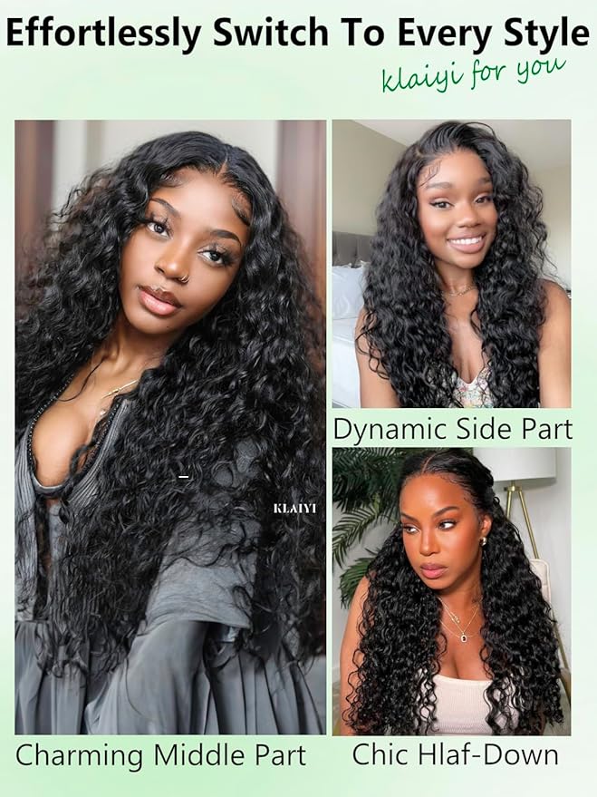 KLAIYI Water Wave HD Real Scalp Glueless Precut 13x4 Lace Front Human Hair Wig Drawstring Bye Bye Knots Pre Plucked Bleached Pre Everything 30S Ready to Wear and Go Deep Curly Wave Beginner Wig 16Inch