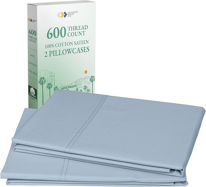 California Design Den Luxuriously Soft Premium 600 Thread Count, 100% Cotton Set of 2 Cases, Crisp Pillowcases Standard Set of 2 Fits Standard & Queen Pillows (Blue)