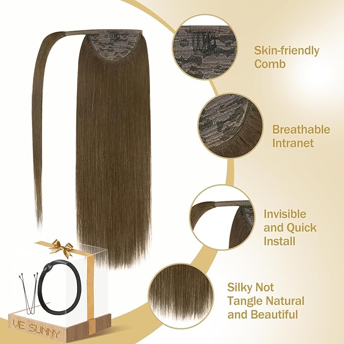 Ve Sunny Hair Extensions Ponytail Real Human Hair Wrap Around Clip in Ponytail Hair Extensions Straight Extensions Human Hair for Women Light Ash Brown 18inch 80G