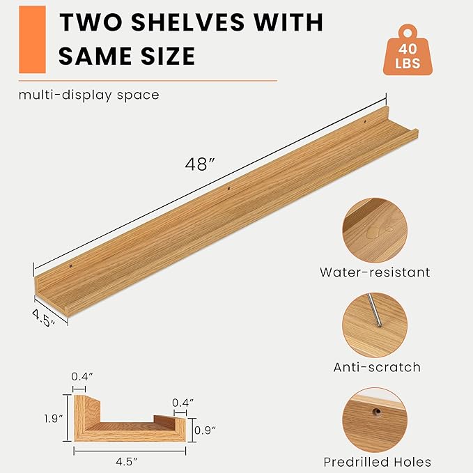 Heimlove Picture Ledge Shelf, Floating Shelves Set of 2, 48 Inches Picture Shelf for Wall with Ledge, Kids Bookshelf Wall Mounted for Living Room Bedroom Decor Books Photo Frames, Natural Oak