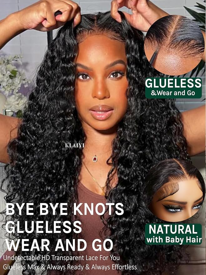 KLAIYI Bye Bye Slip™ Water Wave 7X5 Precut Lace Front Human Hair Wig Drawstring Glueless 3S Ready to Wear and Go Wig with Baby Hair Pre Plucked Bleached Bye Bye Knots Curly Wig 180%Density Full 16Inch