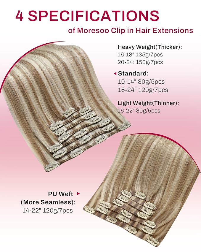 Moresoo Blonde Clip in Hair Extensions Highlights Platinum Blonde with Light Brown Hair Extensions Clip in Straight And Short Double Weft 80g/5pcs 10 inch