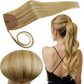 RUNATURE Ponytail Extension Real Human Hair, Blonde Highlight Human Hair Ponytail for Women, Wrap Around Hairpiece with Magic Paste, 12 Inch 70g #16P24 Golden Blonde Highlights