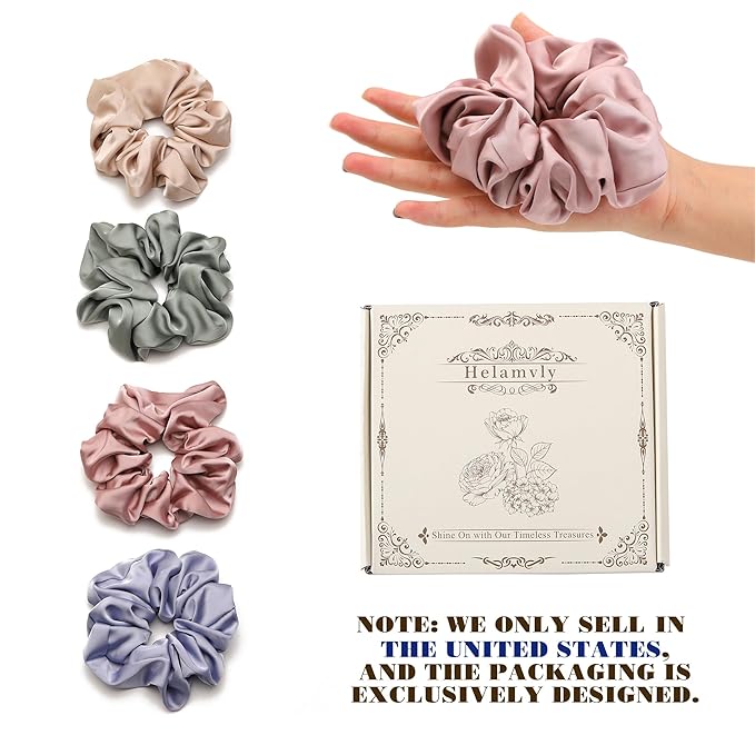 4PCS Large Satin Silk Scrunchies for Women - Big Glossy Scrunchie for Thick Hair Girl Hair Ties Ponytail Holders Jumbo Scrunchies (Blue Green Rose-Red Champagne)