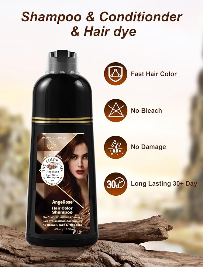Chestnut Brown Hair Dye Shampoo 3 in 1, Natural Hair Dye to Cover Gray Hair, 400 ML