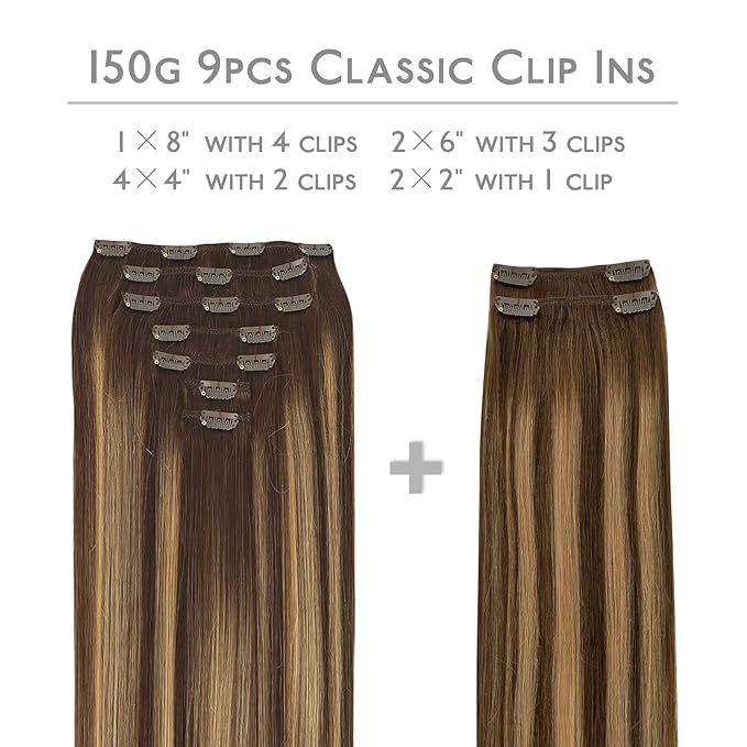 WENNALIFE Hair Extensions Clip In, 9pcs 24inch 150g Balayage Chocolate Brown to Honey Blonde Clip In Hair Extensions Real Human Hair Remy hair extension Double Weft Clip in Human Hair Extensions