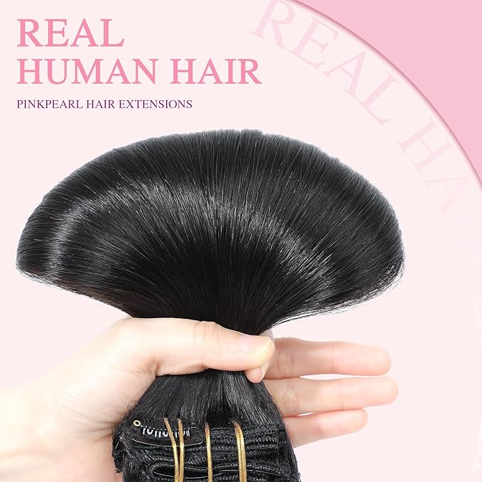 PINKPEARL Clip in Human Hair Extensions #1B Natural Black Clip in Hair Extensions Real Human Hair 22 inch Remy Hair 120g 7pcs Straight Natural Human Hair Clip ins(#1B-22)