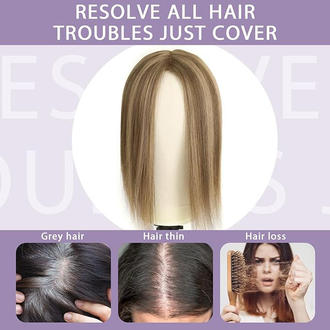 Toppers Hair Pieces for Women #TAC, 3x5 Inch Injected Silk Base 16 Inch Length 130% Density Real Human Hair Toppers