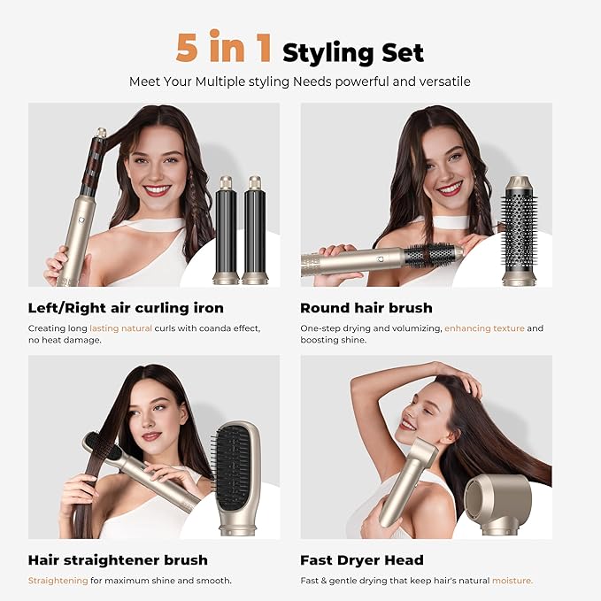 5 in 1 Blow Dryer Brush Set,Hot Air Styler Negative Ion Air Curling Wrap Air Curler, Round Brush Blow Dryer Curling Iron Hair Styling Tools Gift for Dry,Volumize, Straight,Curl,100-120V