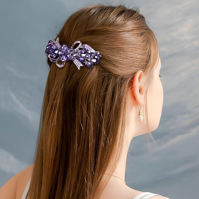 Joez Wonderful Rhinestone Hair Clip Sparkly Crystal Barrettes French Wedding Prom Engagement Pageant First Communion Hair Decorative Accessories for Women Long Hair (Bow Purple, 1 Pcs)