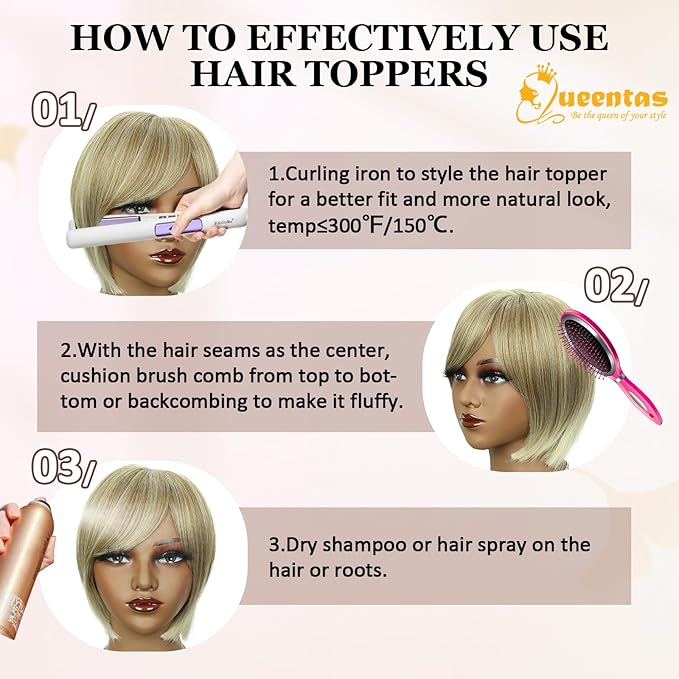 QUEENTAS Blonde Hair Topper for Women with Thinning Hair Pieces 6"*6"Large Coverage 360°3D Cover Silver Synthetic Short Bob with 5 Clips in Wiglets(Blonde Mixed Brown)