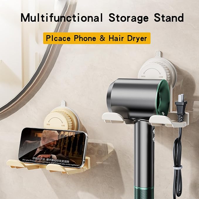 Universal Hair Dryer Holder,Blow Dryer Hanger Wall Mount for Hair Dryer Storage with Strong Suction Cup & Locking Latch + Plug&Cord Organizer,For Bathroom,Vanity,and Cabinet Door（Apricot）