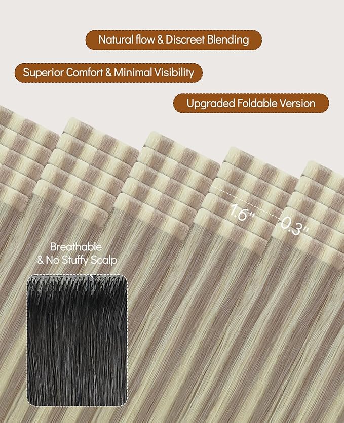 VINBAO Invisi Edge Tape in Extensions Human Hair, Ash Blonde Highlighted with Platinum Blonde 40g 14in 20pcs Natural Seamless Injected Tape in Hair Extensions 14inch #18P60
