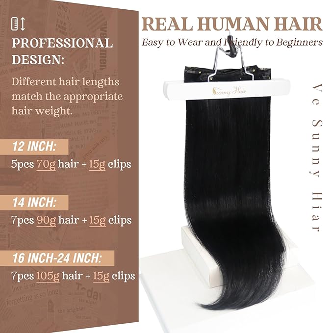 Ve Sunny Human Hair Clip in Extensions Black Clip in Hair Extensions Clip in Extensions Real Human Hair 24inch Long Straight Hair Like Your Own Hair 7pcs 120g