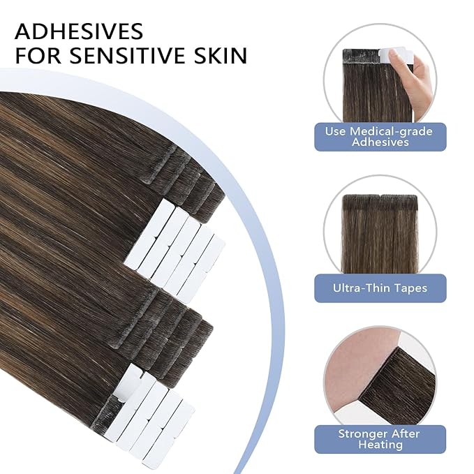 COOKAYU Invisible Tape in Hair Extensions Human Hair, Seamless Tape in Extensions Human Hair Injected Invisi Edge Extensions Dark Brown to Dirty Blonde 22Inch 50g 20pcs/pack