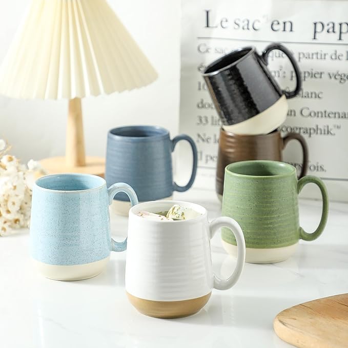 Hasense Coffee Cups Set of 6, 15 oz Stoneware Coffee Mugs with Big Handles, Modern Tea Cup for Indoor and Outdoor for Cocoa, Milk, Tea, Hot Chocolate, Soup, Valentine's Day Gifts, Brown