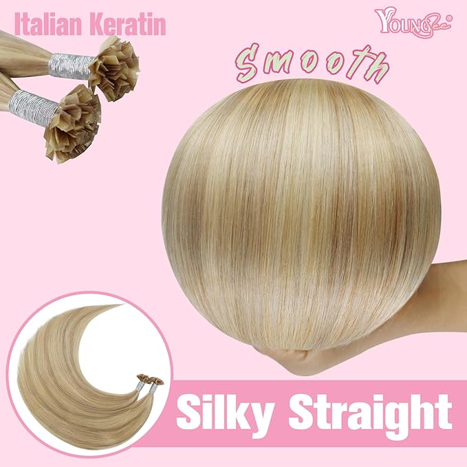 YoungSee K Tip Hair Extensions Human Hair Blonde Highlight Ktip Human Hair Extensions Golden Blonde Highlight Long Hair 22in 50s/50g