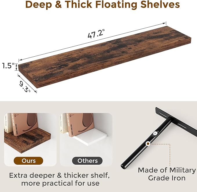 Floating Shelves 48 Inch Long, 48"W x 9"D Wall Shelf Invisible Bracket, 9 Inch Deep Floating Shelf for Wall, Rustic Wooden Shelves for Living Room, Kitchem, Bedroom, Rustic Brown Color, Set of 1