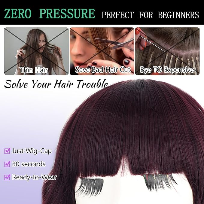 AISI HAIR Synthetic Wavy Curly Bob Wig with Bangs Ombre Dark Red Short Hair Wigs for Women Synthetic Heat Resistant Bob Wigs