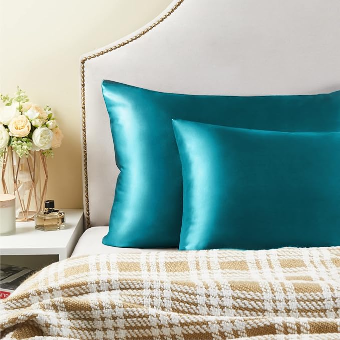 BEDELITE Satin Pillowcase with Zipper 2 Pack, Teal Pillow Cases Standard Size, Super Soft and Cooling Similar to Silk Pillow Cases, Gift for Women Men(20x26 Inches)