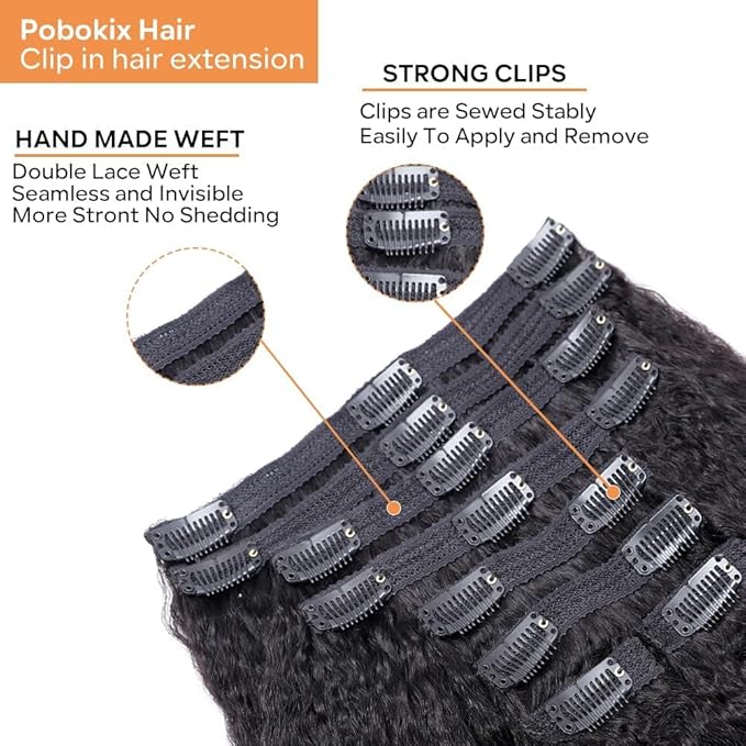 Clip in Hair Extensions Real Human Hair 8Pcs Kinky Straight Brizalian Human Hair Clip ins for Black Women, Natural Soft 120g 26inch #1B Natural Black