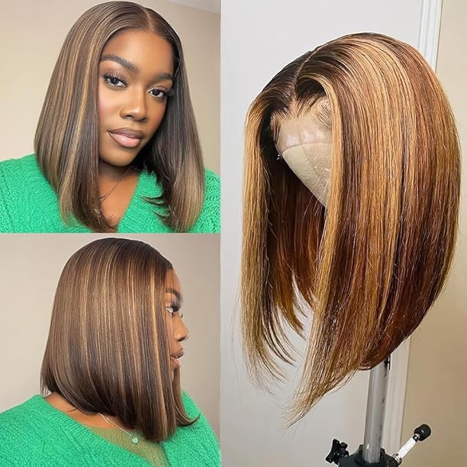 4/27 Ombre Highlight Bob Wig Human Hair 16 inch straight 427 bob wig 13x4 Highlight HD Lace Frontal Bob Wig Human Hair 180% Density Pre Plucked Ombre Short Bob Wigs for Black Women