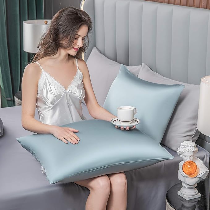 Mulberry Silk Pillowcase for Hair and Skin,Standard Size Cooling Silk Pillow Case with Hidden Zipper,Allergen Proof Dual Sides Soft Breathable Smooth Silk Pillow Cover for Women(King,Aqua Blue)