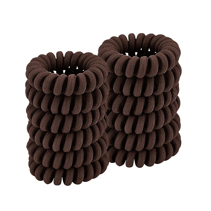 Spiral Hair Ties (Cloth Coffee, 12 Pcs), Coil Ponytail Holder for Thick Hair, No Crease Phone Cord Ties for All Hair Types with Plastic Spiral