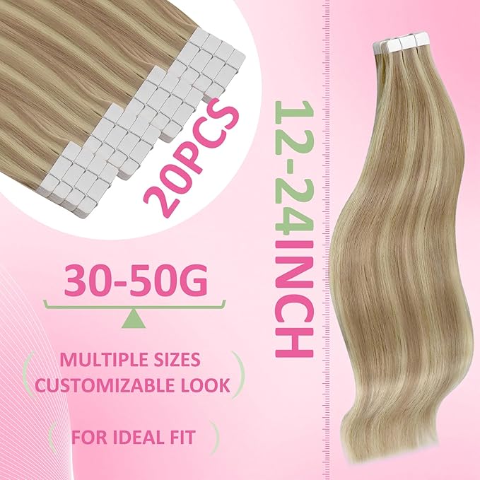 YoungSee Human Hair Tape in Extensions Highlight Blonde Tape ins Hair Extension Golden Blonde Mix Light Blonde Highlight Hair Extensions Real Human Hair Tapes Invisible Natural Looking 14 In 20pcs 50g