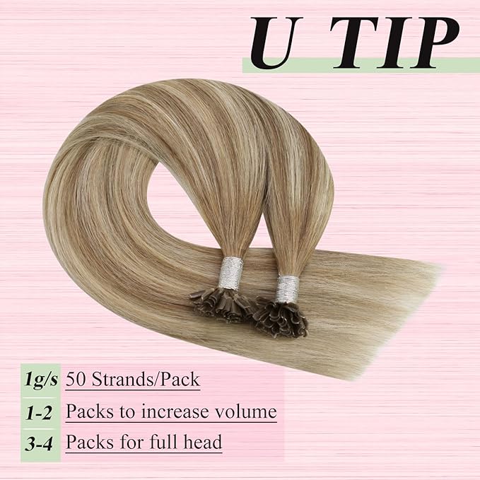 YoungSee Utip Hair Extensions Human Hair Balayage Light Brown Ombre Platinum Blonde U Tip Keratin Hair Extensions for Natural Looking Ktips Extension Real Human Hair Ombre Silky Straight 16In 1G/S 50G