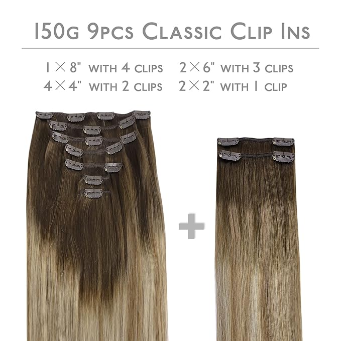 WENNALIFE Clip in Hair Extensions, 150g 18 Inch 9pcs Ombre Walnut Brown to Ash Brown and Bleach Blonde Human Hair Extensions Thicker Clip in Hair Extensions Real Human Hair Clip Set Double Weft