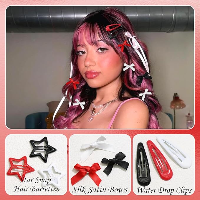 36Pcs Red Mini Hair Bows Y2K Star Hair Barrettes Metal Snap Hair Clips Water Drop No Slip Hair Clips for Women Bowknot Star Hair Accessories for Girls