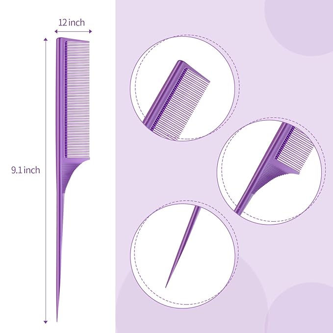 Leinuosen 3 Pack Rat Tail Combs Fine Tooth Parting Tip for Women Carbon Fiber Heat Resistant Anti Static Teasing for Back Combing Root Teasing Adding Volume Evening Styling(Purple)