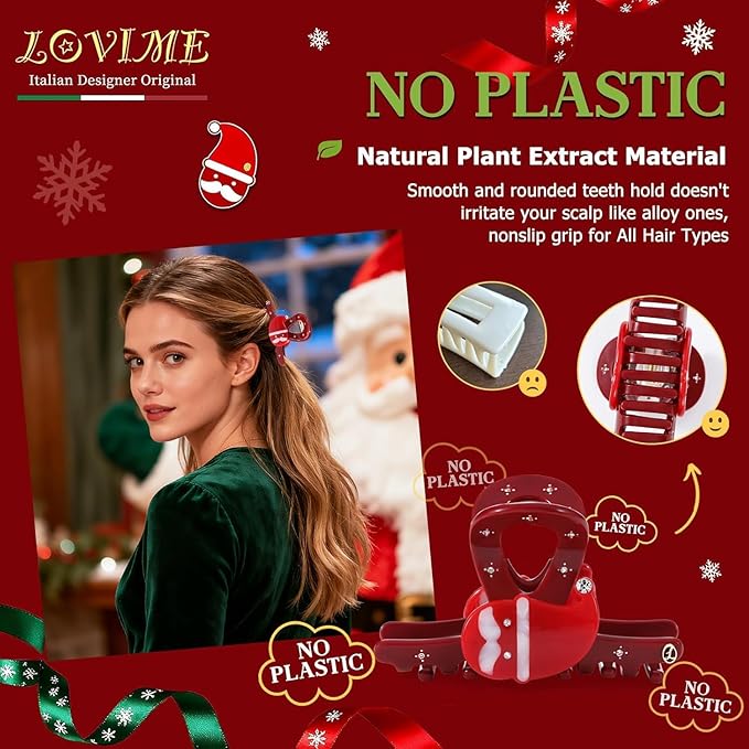 Premium Christmas Red Hair Clips for Women, Christmas Hair Claw Clips for Girls, Original Italian Designed Strong Hold No Slip Claw Clip with Gift Box SANTA SMILES-L