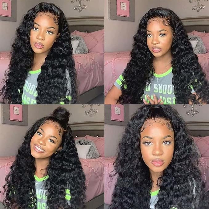 Water Wave Lace Front Wigs Human Hair Brazilian 180% Density Virgin Hair 4X4 Deep Curly Lace Closure Wigs for Black Women Pre Plucked with Baby Hair Natural Color (28 Inch,Water Lace Closure Wigs)