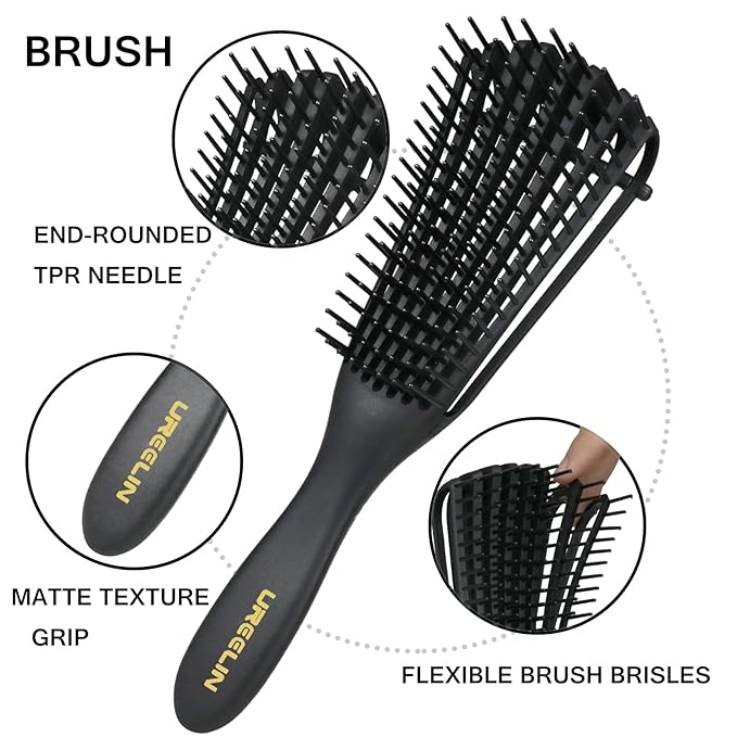 Hair Brush Set for 3a,4c,Wig/Thick/Wavy/Curly/Slick Back Hair Brushes,Rat Tail Combs,8-Row,Edge Brush,For Detangling,Braiding,Teasing,Parting,Styling,Kids,Girls,women(Black)