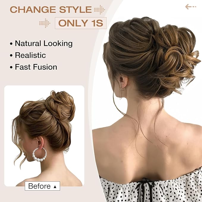 Messy Bun Hair Piece Wavy Curly Scrunchies Fluffy Donut Thick Updo Elegant Chignon Hairpieces for Women Girls, Dark Ginger Blonde Mix Bleach Blonde 1.4oz